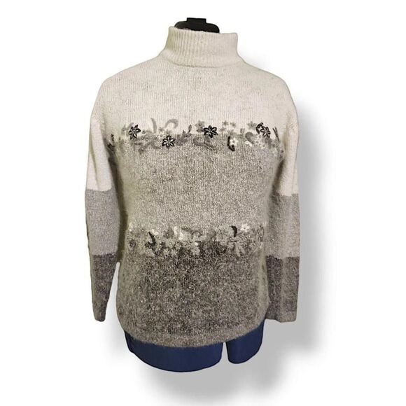 VTG Garland Soft Silk Nylon Angora Lambswool Mock Neck Sweater Flowers Size S - Picture 1 of 7